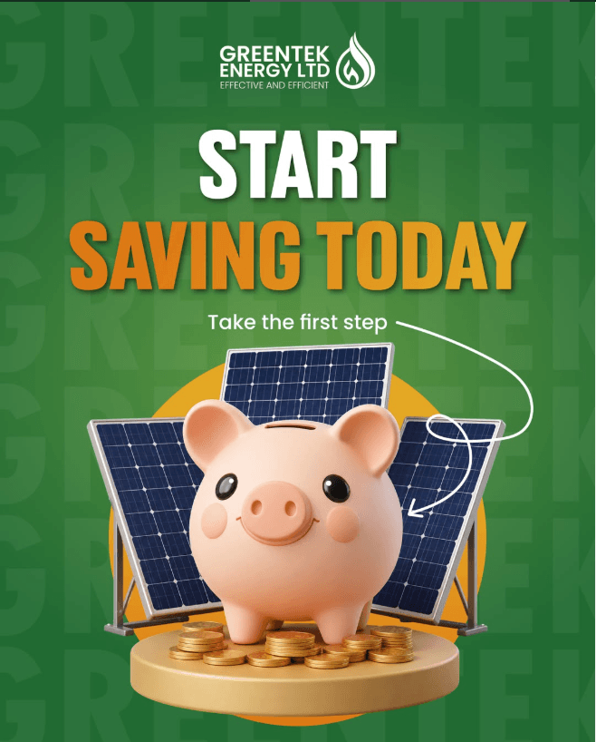 Greentek start saving today post with solar panels and home energy upgrade theme