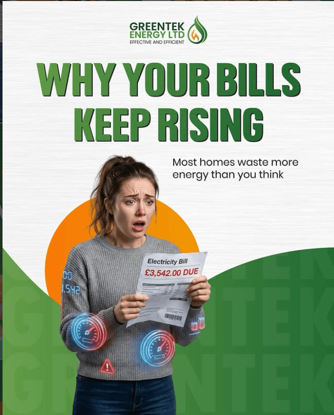 Greentek guide explaining why UK home energy bills keep rising and how homeowners can reduce energy waste